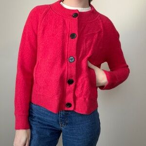 100% merino wool full button up cardigan Jones New York bright pink red size S